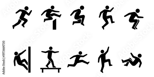 Parkour athlete silhouettes set, 10 urban freerunning icons, black stick figures jumping and climbing, extreme sports vector elements for signage