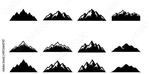 Minimalist mountain silhouette icons, set of 12 black peak vector elements, rustic outdoor adventure landscape symbols for logo design and branding