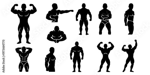 Bodybuilder silhouettes set of 11 vector icons, muscular male athlete posing figures, fitness and bodybuilding gym workout character silhouettes