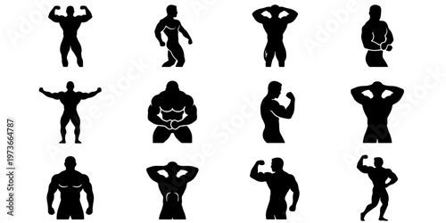 Bodybuilder silhouette collection, 12 muscular male fitness icons, black gym athlete posing set, bodybuilding competition vector graphics