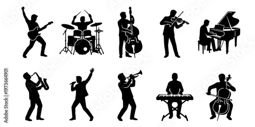 Musician silhouettes collection, professional band and orchestra performers playing instruments, black music artist vector set for concert posters