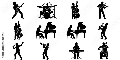 Musician silhouette collection with 12 icons, black music band vector set, professional performers playing instruments on white background