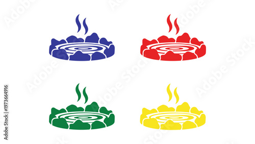 Four colorful emblem designs with central flame motifs on circular backgrounds