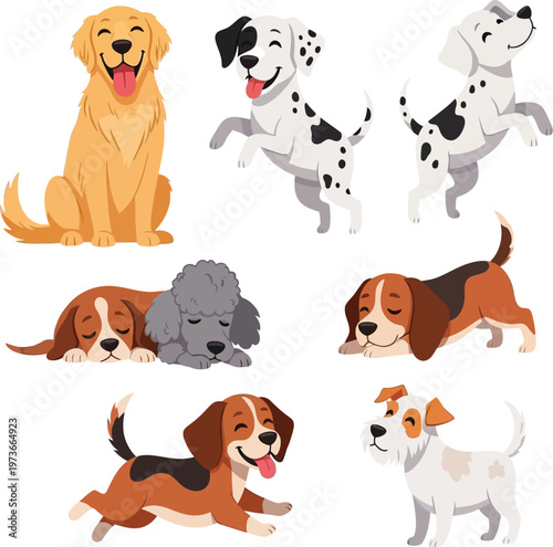 Collection of seven cartoon dogs in various poses and breeds puppy animal golden retriever