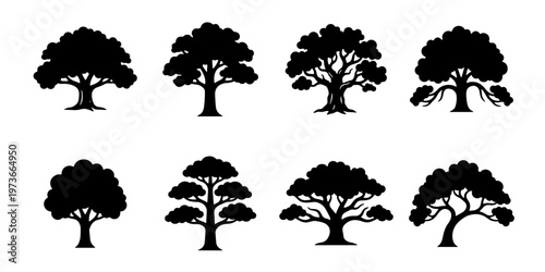 Black tree silhouette collection, set of 8 oak and maple tree icons, minimalist nature vector elements for landscape design and environmental branding