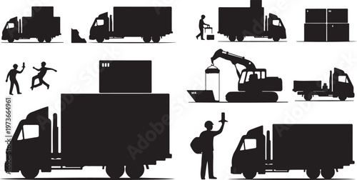 Black silhouettes of trucks and workers in various scenes