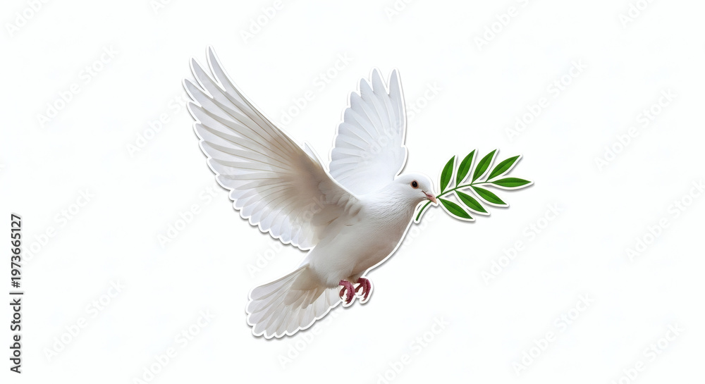 Fototapeta premium White Dove Flying with Green Olive Branch in Beak on White Background