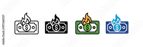 Burning money dollar bill icon with fire flame for financial loss, inflation concept, economic crisis, and wasted wealth symbol. Vector Illustration.