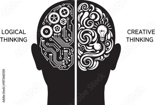 Conceptual illustration of human brain split into logical thinking with gears and circuits and creative thinking with lightbulb