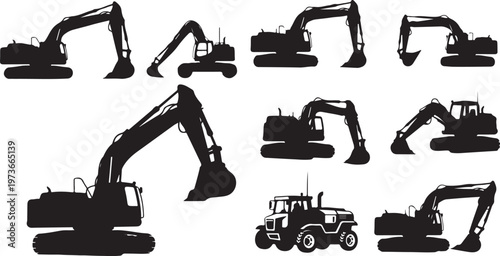 Silhouettes of various heavy construction equipment and machinery vehicles