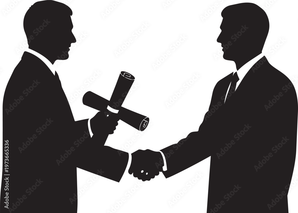 Fototapeta premium Silhouette of two businessmen shaking hands while one is holding a diploma or certificate