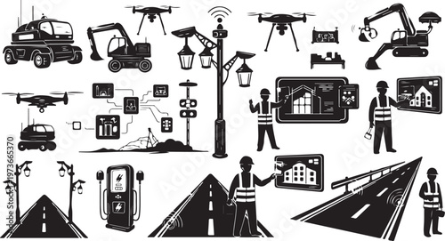 Infrastructure construction and roadwork illustration with workers and vehicles