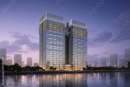 Twin Tower Waterfront Dusk Architecture