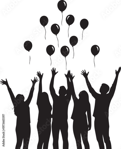 Silhouettes of a group of happy people with raised arms releasing balloons