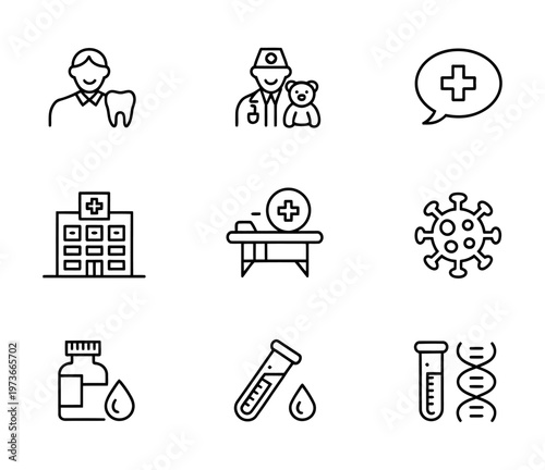 Vector of various medical and healthcare icons in a grid layout