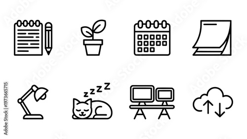 Vector of office supplies and equipment including a calendar, plant, notepad, and computer setup