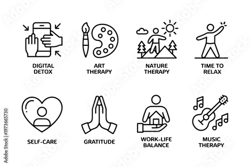 Vector of various self-care and relaxation techniques including digital detox, art therapy, and nature therapy