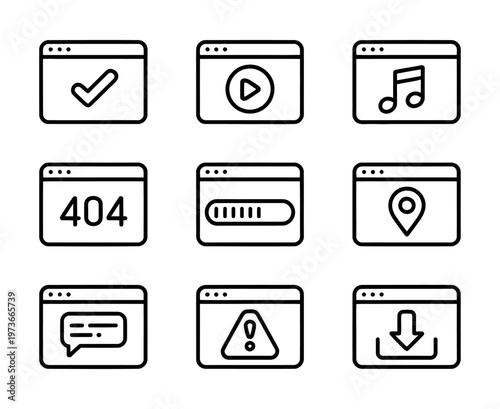 Vector of a set of nine browser windows displaying different web icons and symbols