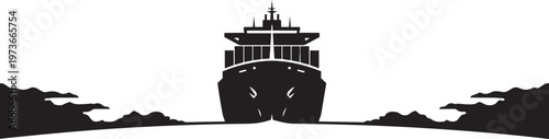 Silhouette of a large cargo container ship sailing on the ocean, front view, vector illustration
