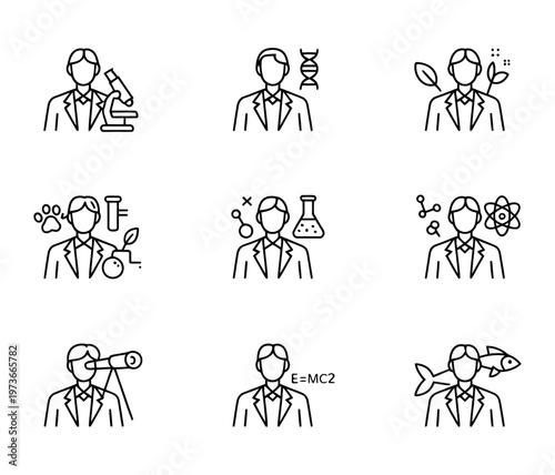 Vector of scientists and researchers engaged in various scientific experiments and studies.