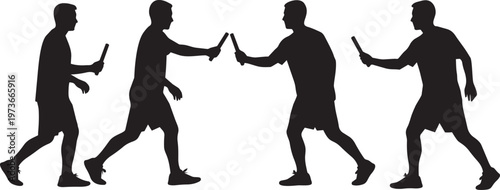Silhouettes of relay runners passing the baton