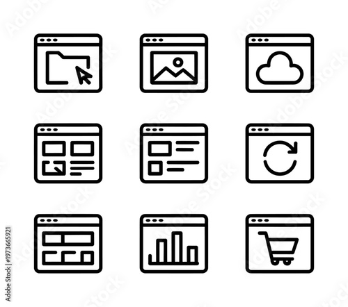 Set of nine icons in a vector design representing web development tools and functionalities.