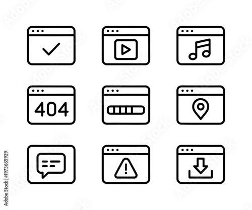 Collection of vector browser icons representing different web functionalities and errors