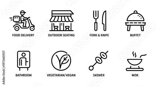 Set of vector icons representing various dining and bathroom options