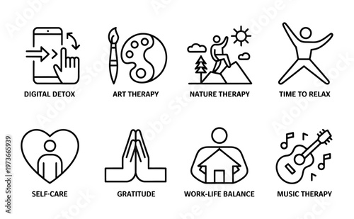 Vector of various wellness activities for mental health and relaxation