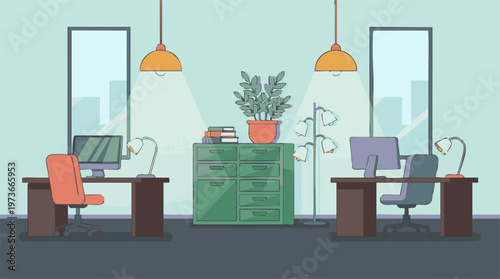 Modern office interior with two workstations, computers, and minimalist design