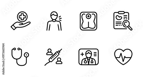 Set of vector icons representing medical and health-related concepts and services