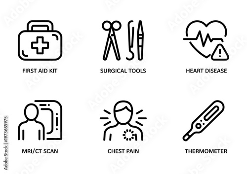 Six vector icons representing medical equipment and conditions in simple design