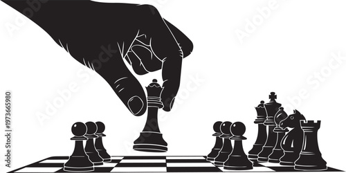 Silhouette of a hand moving a chess queen piece on a chessboard