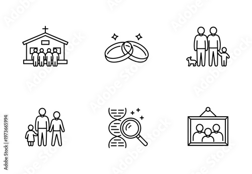Vector of icons of a family, church, dna, wedding rings, and family portraits