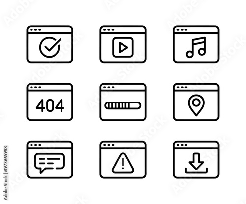 Set of nine vector icons representing web browser windows with various symbols inside them.