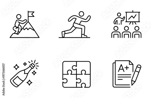 Vector of achievement, progress, teamwork, celebration, problem-solving, and academic success in a minimalist style