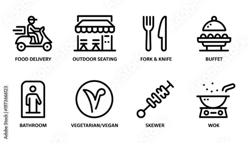 Vector displays food delivery and dining options including vegetarian and wok cooking