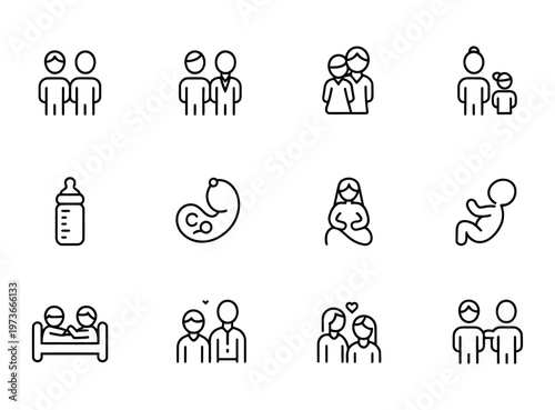 Vector depicting family dynamics and childcare in various settings.