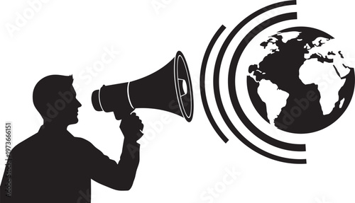 Silhouette of a man speaking into a megaphone towards the globe, representing global communication, broadcasting, and worldwide announcement