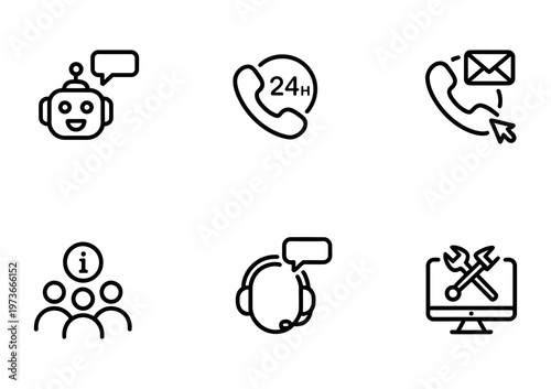 Vector graphic featuring icons for chatbots, customer support, communications, and technical assistance