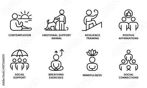 Vector of various methods of promoting mental health and well-being through different activities.