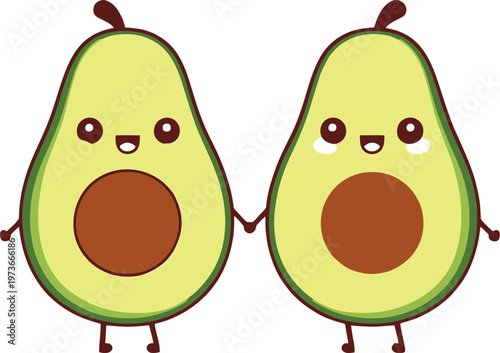 Two cheerful cartoon avocados holding hands and smiling happily together