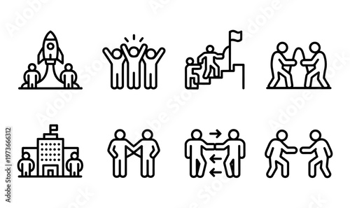 Vector of a variety of group activities and team collaborations in icon form