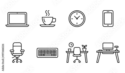Vector of a laptop, coffee cup, clock, tablet, chair, keyboard, and desk