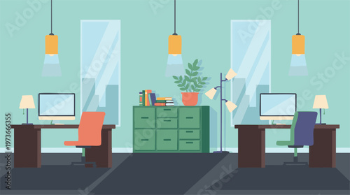 Modern minimalist office interior with two workstations and central storage