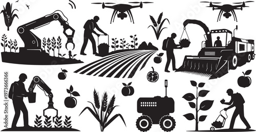 Agricultural workers farming with modern equipment and technology tools