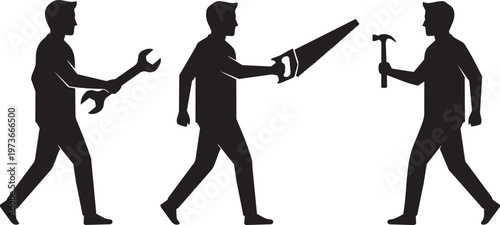 Set of silhouettes of men holding different construction tools like a wrench, a hand saw, and a hammer