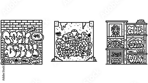 Urban street art graffiti icons set featuring brick wall tags and colorful characters