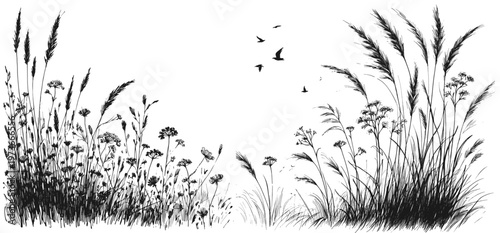 Line art sketch drawing of tall grasses, wildflowers, and reeds growing on both sides of an open space. Birds fly above in the sky vector svg