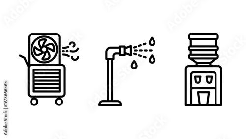 Set of facility management icons including cooling fan, sprinkler system and water cooler